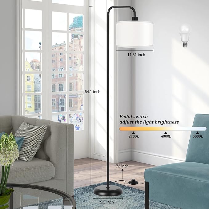 [Upgraded] LED Floor Lamp for Living Room, 3 Color Temperature Floor Lamp with Foot Switch Modern Standing Lamp Tall Pole Floor Reading Lamp for Bedroom, Study Room, Office, 9W Bulb Included, Black - LeafyLoom