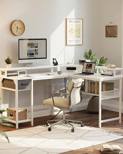 CubiCubi L Shaped Gaming Desk with LED Lights and Power Outlets, 58" Reversible Corner Computer Desk with Storage Shelves and Drawer, Home Office Desk with Monitor Stand, White - LeafyLoom