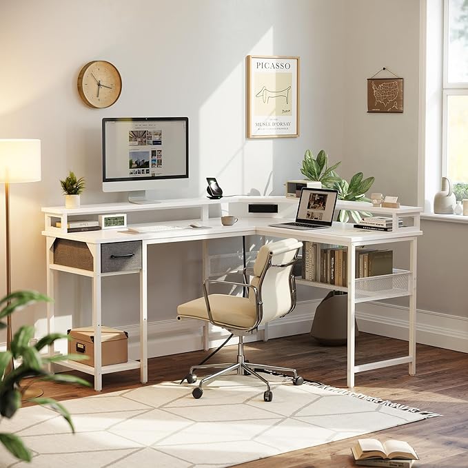 CubiCubi L Shaped Gaming Desk with LED Lights and Power Outlets, 58" Reversible Corner Computer Desk with Storage Shelves and Drawer, Home Office Desk with Monitor Stand, White - LeafyLoom
