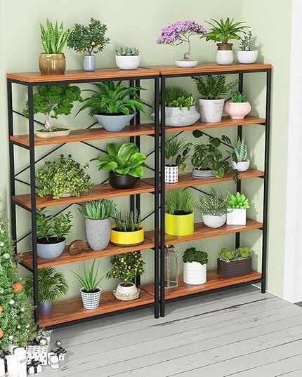 Himimi Industrial Bookshelf 5-Tier, Bookcase 58" H Ladder Shelf, Storage Shelves Rack Shelf Unit, Accent Furniture Metal Frame, Home Office Furniture for Bathroom, Living Room, Vintage Brown - LeafyLoom