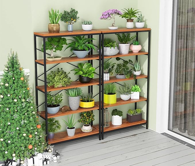 Himimi Industrial Bookshelf 5-Tier, Bookcase 58" H Ladder Shelf, Storage Shelves Rack Shelf Unit, Accent Furniture Metal Frame, Home Office Furniture for Bathroom, Living Room, Vintage Brown - LeafyLoom