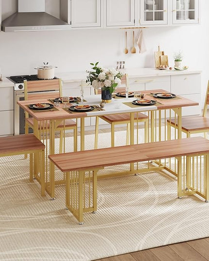 DWVO 6-Piece Dining Table Set for 6-8 People, 63" Kitchen Table Set with a Bench and 4 Chairs, Modern Rectangular Dining Room Table Set for Kitchen, Dining Room - LeafyLoom