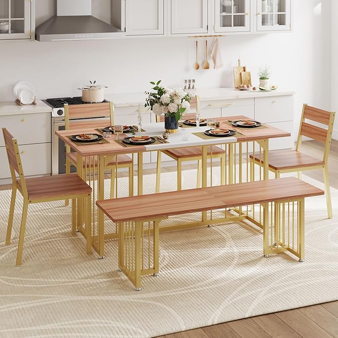 DWVO 6-Piece Dining Table Set for 6-8 People, 63" Kitchen Table Set with a Bench and 4 Chairs, Modern Rectangular Dining Room Table Set for Kitchen, Dining Room - LeafyLoom