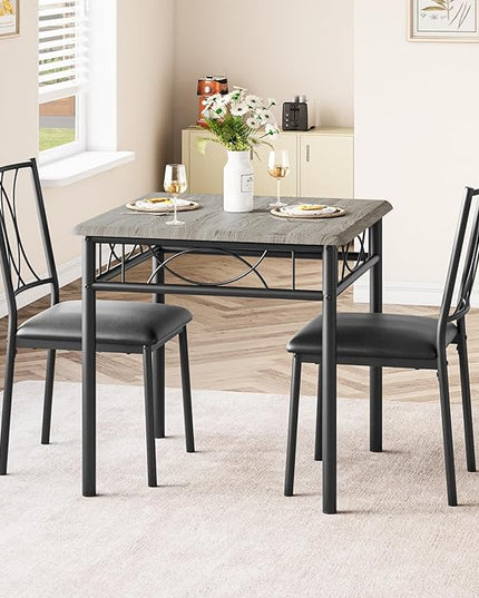 Dining Table Set for 2, 3 Piece Kitchen Table Set with 2 Upholstered Chairs, Square Kitchen Table Set for Small Space, Apartment, Dining Room, Retro Gray - LeafyLoom