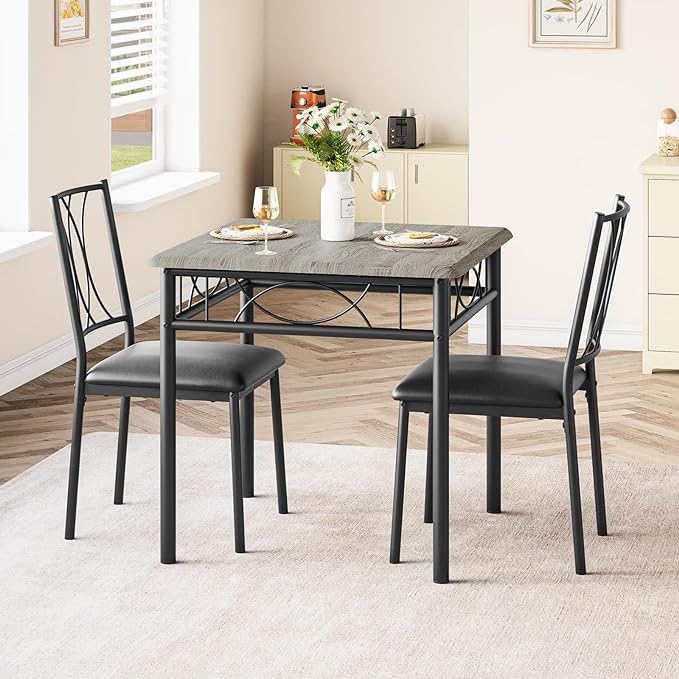 Dining Table Set for 2, 3 Piece Kitchen Table Set with 2 Upholstered Chairs, Square Kitchen Table Set for Small Space, Apartment, Dining Room, Retro Gray - LeafyLoom