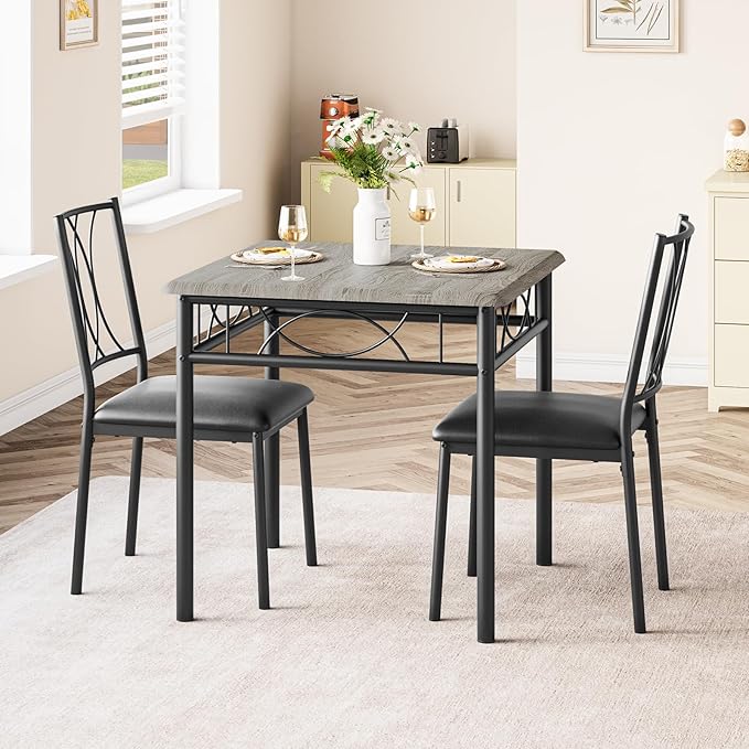 GAOMON Dining Table Set for 2, Kitchen Table and Chairs for 2, Dining Room Table Set with 2 Upholstered Chairs, Square Kitchen Table Set for Small Space, Apartment, Studio, Rustic Gray - LeafyLoom