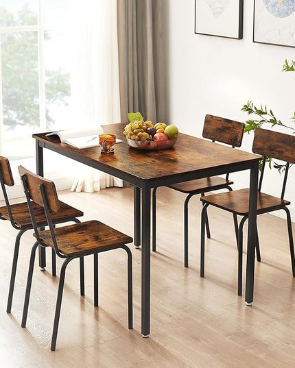 Dining Table Set for 4, 5-Piece Set Industrial Metal Wood 43.3" Kitchen Dining Table with 4 Dining Chairs, Indoor Modern Furniture Set for Dining Room, Dinette, Breakfast Nook, Rustic Brown - LeafyLoom
