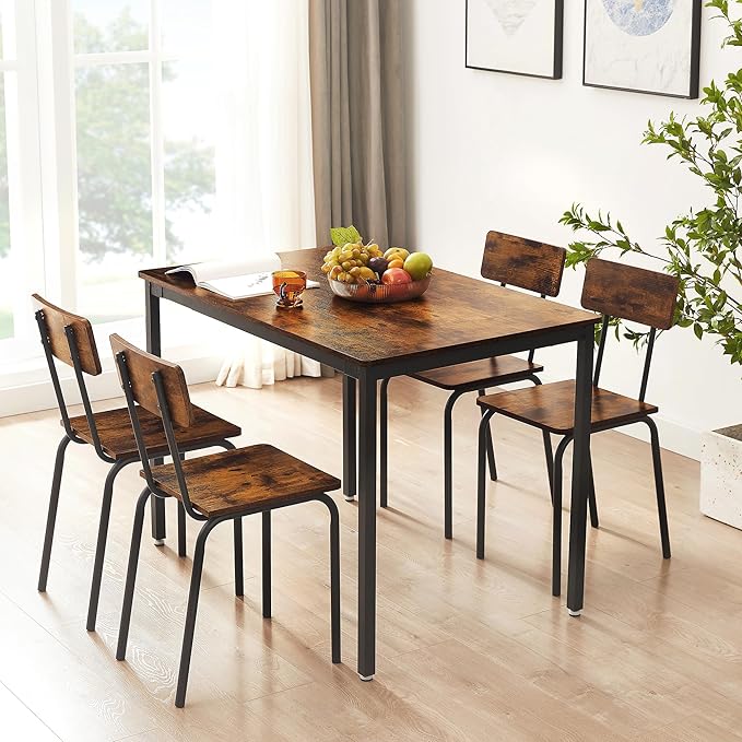 Dining Table Set for 4, 5-Piece Set Industrial Metal Wood 43.3" Kitchen Dining Table with 4 Dining Chairs, Indoor Modern Furniture Set for Dining Room, Dinette, Breakfast Nook, Rustic Brown - LeafyLoom