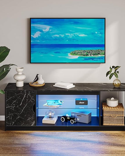 Bestier Led Entertainment Center for PS5, Gaming TV Stand with Cabinet for 60/65 Inch TV, Modern TV Console with Adjustable Glass Shelf for Living Room Easy Assembly Black Marble - LeafyLoom