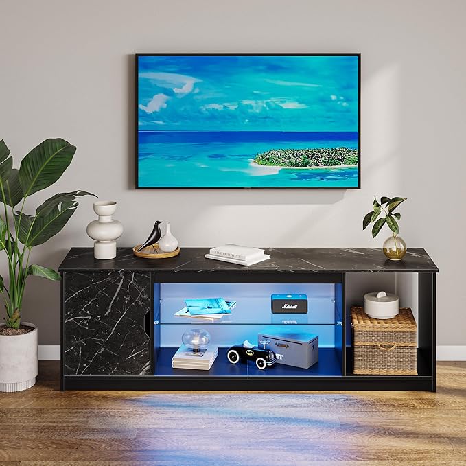 Bestier Led Entertainment Center for PS5, Gaming TV Stand with Cabinet for 60/65 Inch TV, Modern TV Console with Adjustable Glass Shelf for Living Room Easy Assembly Black Marble - LeafyLoom