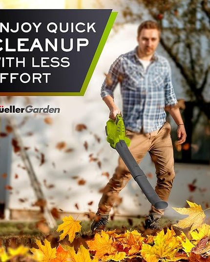 Mueller UltraStorm Cordless Leaf Blower, 140 MPH 20 V Powerful Motor, Electric Leaf Blower for Lawn Care, Battery Powered Leaf Blower for Snow Blowing High Capacity Battery & Charger Green - LeafyLoom