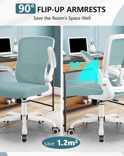 MINLOVE Office Chair Ergonomic Desk Chair with Adjustable Lumbar Support and Height, 90° Flip-up Armrests, Ergo Desk Chairs with Wheels, 360° Swivel Mesh Chair, Home Work Use (Light Blue) - LeafyLoom