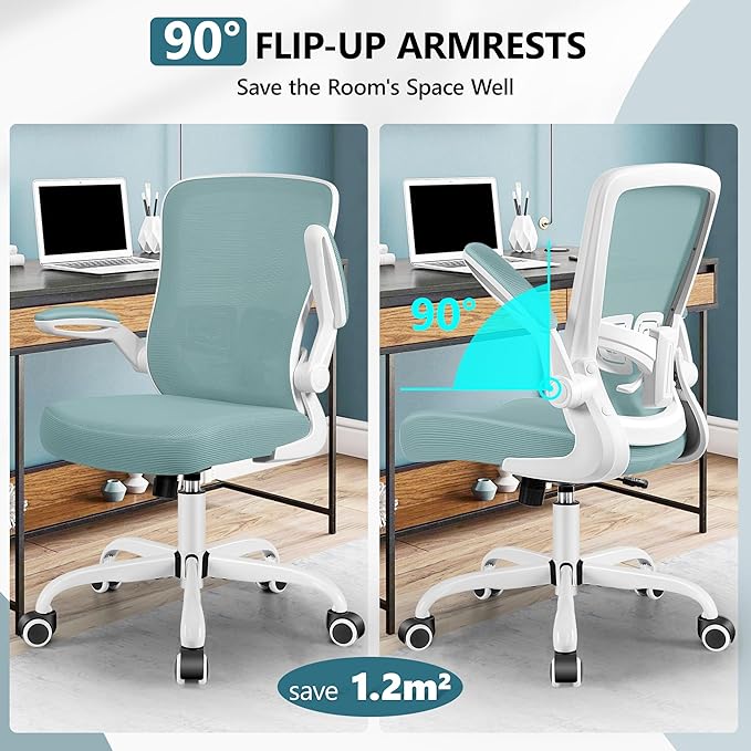 MINLOVE Office Chair Ergonomic Desk Chair with Adjustable Lumbar Support and Height, 90° Flip-up Armrests, Ergo Desk Chairs with Wheels, 360° Swivel Mesh Chair, Home Work Use (Light Blue) - LeafyLoom