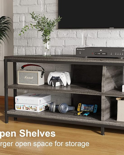 MUTUN Corner TV Stand with Power Outlet, Corner TV Stand for 32 43 50 55 60 Inch TV, Corner Entertainment Center, Industrial TV Console Table for Living Room Bedroom, 55 Inch, Grey Oak - LeafyLoom