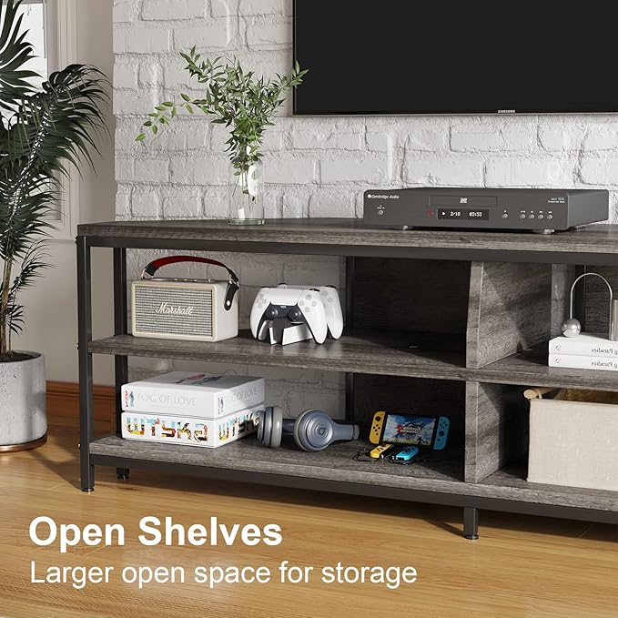 MUTUN Corner TV Stand with Power Outlet, Corner TV Stand for 32 43 50 55 60 Inch TV, Corner Entertainment Center, Industrial TV Console Table for Living Room Bedroom, 55 Inch, Grey Oak - LeafyLoom
