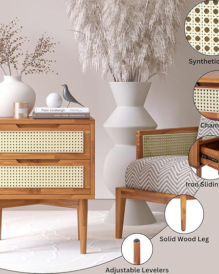 Bme Nightstand Oliver Solid Wood Rattan Side End Table, Fully Assembled, for Bohemian & Mid Century Style Bedroom and Living Room, Caramel - LeafyLoom