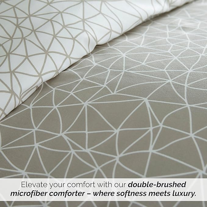 Southshore Fine Living, Inc. Twin Size Comforter Set with Pillow Sham, Reversible Geometric Print is 2 Colors in 1 - Alternative Down Comforter Twin/Twin XL, Soft Microfiber, Taupe & White - LeafyLoom