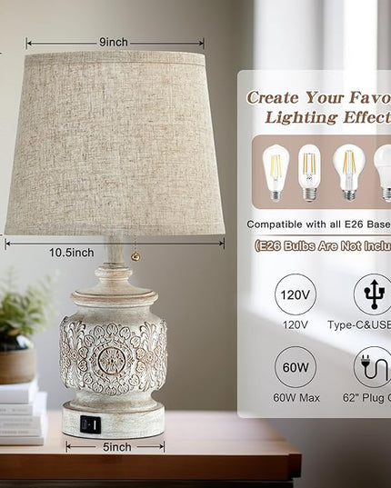 19.5" Farmhouse Vintage Table Lamps for Living Room Set of 2 Traditional Rustic Bedside Lamps for Bedrooms Nightstand with USB Ports Carved Floral Night Light Lamp for Office Decor,Pull Chain - LeafyLoom