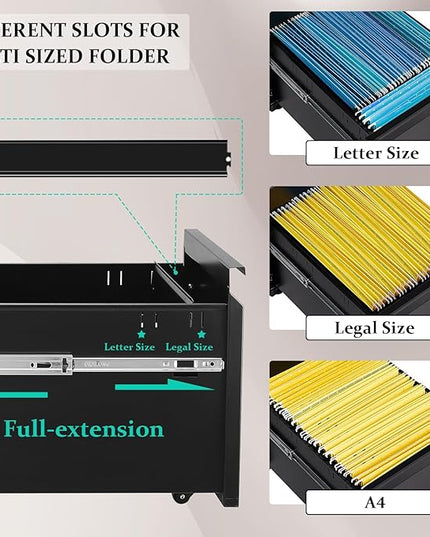 2 Drawer Mobile File Cabinet Top Storage Shelf, Rolling Metal Filing Cabinet for Legal & Letter File Anti-tilt Design with Lock Under Desk Office Drawers Fully Assembled Except Casters(Top ST B) - LeafyLoom
