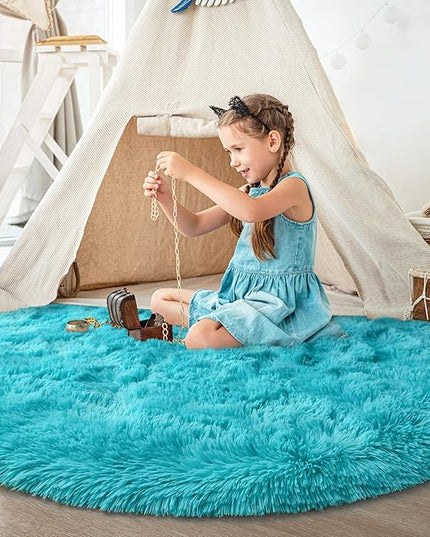 Blue Round Rug for Bedroom, Super Fluffy Circle Rugs for Baby Nursery, 4'X4' Feet Furry Carpet for Children Kids Room, Cute Soft Shaggy Rug for Girls Home Decor, Fuzzy Plush Carpets for Dorm - LeafyLoom