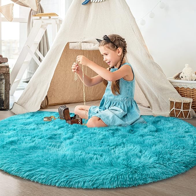 Blue Round Rug for Bedroom, Super Fluffy Circle Rugs for Baby Nursery, 5'X5' Feet Furry Carpet for Children Kids Room, Cute Soft Shaggy Rug for Girls Home Decor, Fuzzy Plush Carpets for Dorm - LeafyLoom