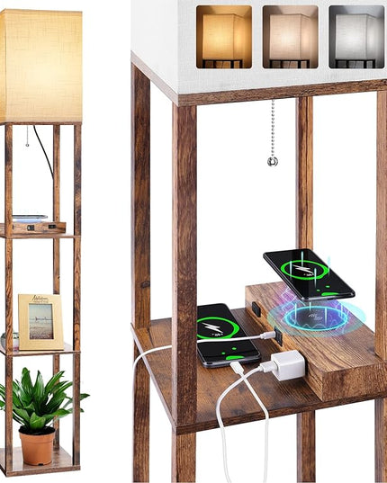 Dott Arts Floor Lamp with Shelves, Shelf Lamp with Wireless Charger & USB A+C Ports & 2 AC Outlets,3 Color Temperature Corner Tall Standing Floor Lamps for Living Room, Bedroom, Office (Brown) - LeafyLoom