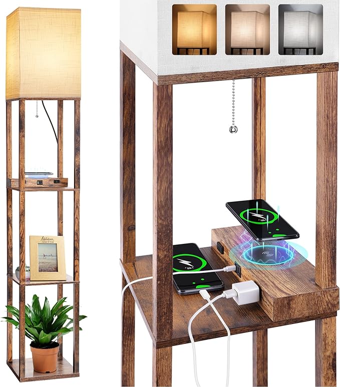 Dott Arts Floor Lamp with Shelves, Shelf Lamp with Wireless Charger & USB A+C Ports & 2 AC Outlets,3 Color Temperature Corner Tall Standing Floor Lamps for Living Room, Bedroom, Office (Brown) - LeafyLoom
