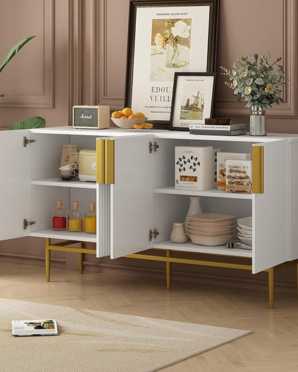 60" Modern 4-Door Elegant Sideboard with Gold Metal Handles and Legs,Storage Buffet Cabinet,W/Adjustable Shelves & Open Countertop,Console Table for Dining Living Room Hallway,White - LeafyLoom