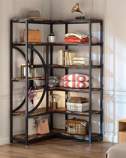 TIYASE 6-Shelf Corner Bookshelf Industrial 6-Tier Corner Etagere Bookcase, Large Corner Shelf L-Shaped Book Shelves Display Storage Rack with Metal Frame for Living Room Home Office, Rustic Brown - LeafyLoom