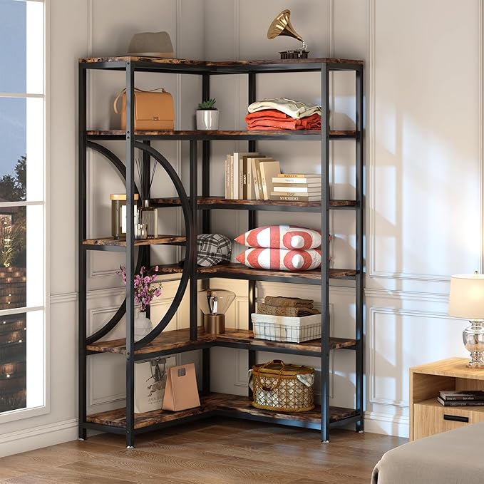 TIYASE 6-Shelf Corner Bookshelf Industrial 6-Tier Corner Etagere Bookcase, Large Corner Shelf L-Shaped Book Shelves Display Storage Rack with Metal Frame for Living Room Home Office, Rustic Brown - LeafyLoom