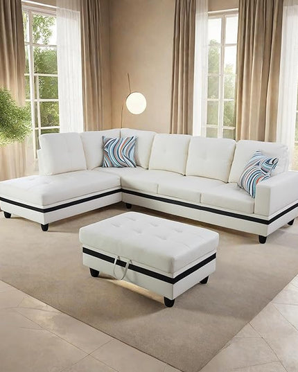 L Shaped Sofa with Ottoman Modern Sectional Living Room, Bedroom, Office, L Couch Black Stripe - LeafyLoom