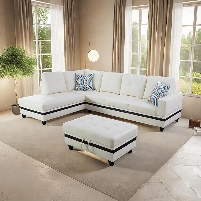 L Shaped Sofa with Ottoman Modern Sectional Living Room, Bedroom, Office, L Couch Black Stripe - LeafyLoom