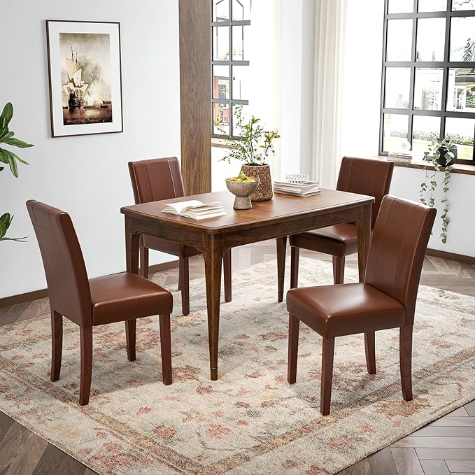 Soohow Upholstered Set of 2 with Solid Wood Legs Armless Indoor Dining Room, Kitchen Table Parson Chairs, Dark Brown Leather - LeafyLoom