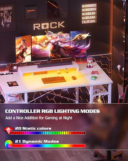 armocity Computer Desk with LED Lights, 48 Inch Reversible Large Desk with Power Outlet and USB, 48'' Gaming PC Table with Moveable Monitor Stand for Home Office, Workstation, White - LeafyLoom