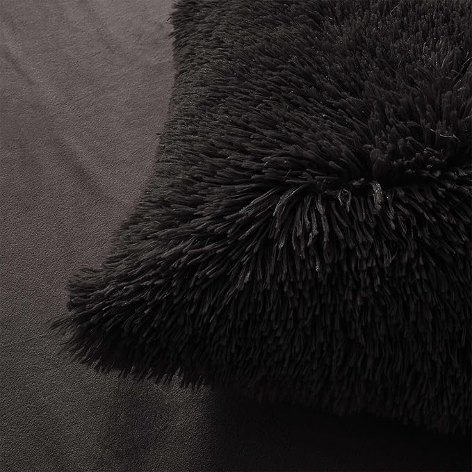 Fluffy black comforters Cover twin size - Ultra Soft Plush black bedding Sets 2 Pieces (1 faux fur comforter Cover + 1 fuzzy pillow case) girls shaggy black twin bed set (Black, Twin) - LeafyLoom