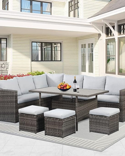 Solaste 7 Piece Patio Furniture Set, All Weather Wicker Patio Conversation Sets with Cushion Seat & Pillows, Outdoor Dining Set, Patio Furniture Outdoor Sectional, Grey - LeafyLoom