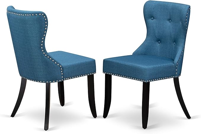 East West Furniture AMSI3-BCH-21 3 Piece Dinette Set for Small Spaces Contains a Round Kitchen Table with Pedestal and 2 Blue Linen Fabric Parson Dining Chairs, 36x36 Inch - LeafyLoom