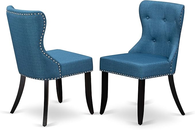 East West Furniture AMSI5-BCH-21 Antique 5 Piece Room Furniture Set Includes a Round Kitchen Table with Pedestal and 4 Blue Linen Fabric Parsons Dining Chairs, 36x36 Inch - LeafyLoom