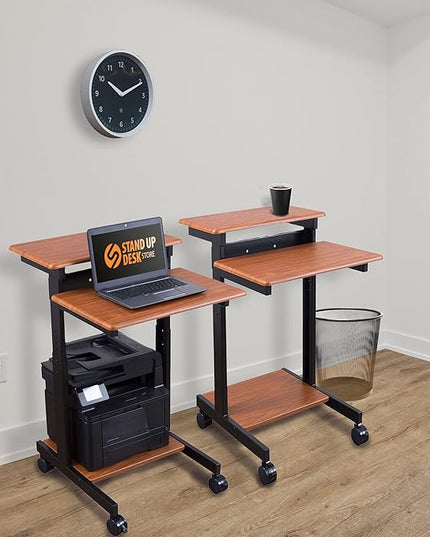 Stand Up Desk Store Rolling Adjustable Height Two Tier Standing Desk Computer Workstation (Black Frame/Teak Top, 24" Wide) - LeafyLoom