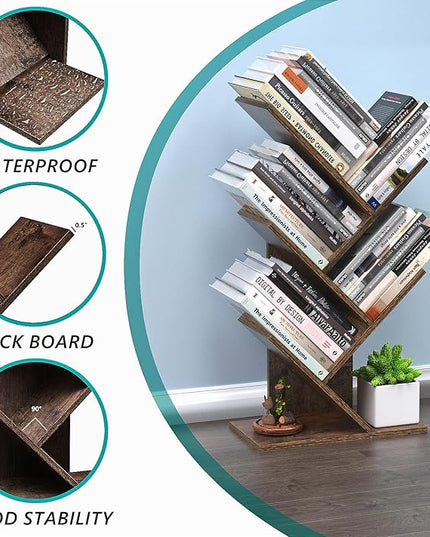 5 Tier Small Tree Bookshelf Desk Book Organizer Narrow Bookcases for Books Magazines CDs Free Standing Retro Wooden Storage Shelves for Home Office Bedroom Living Room Rustic Brown - LeafyLoom