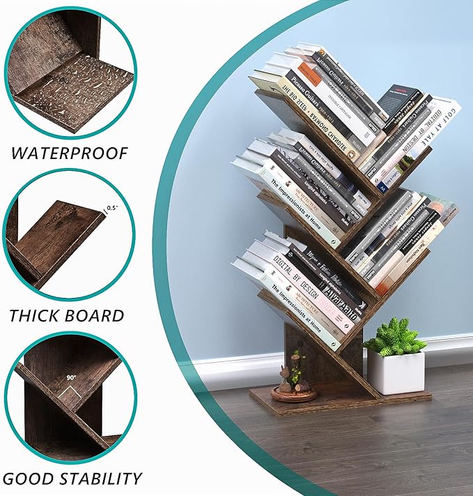 5 Tier Small Tree Bookshelf Desk Book Organizer Narrow Bookcases for Books Magazines CDs Free Standing Retro Wooden Storage Shelves for Home Office Bedroom Living Room Rustic Brown - LeafyLoom