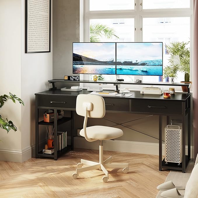 ODK Computer Desk with Drawers and Storage Shelves, 63 inch Home Office desk with Monitor Stand, Modern Work Study writing table Desk for Small Spaces, Black - LeafyLoom
