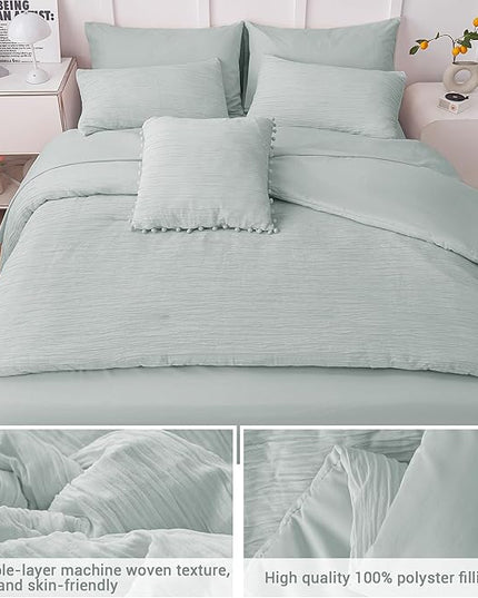 8 Piece Woven Texture King Size Comforter Set Green, Bed in A Bag Bedding King with Comforter and Sheets, Soft Lightweight Comforter Set with Deocor Throw Pillow, Sage Green - LeafyLoom