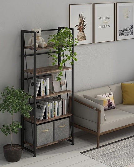 4NM No-Assembly Folding Bookshelf Storage Shelves 5 Tiers Vintage Bookcase Standing Racks Study Organizer Home Office (Rustic Brown and Black) - LeafyLoom