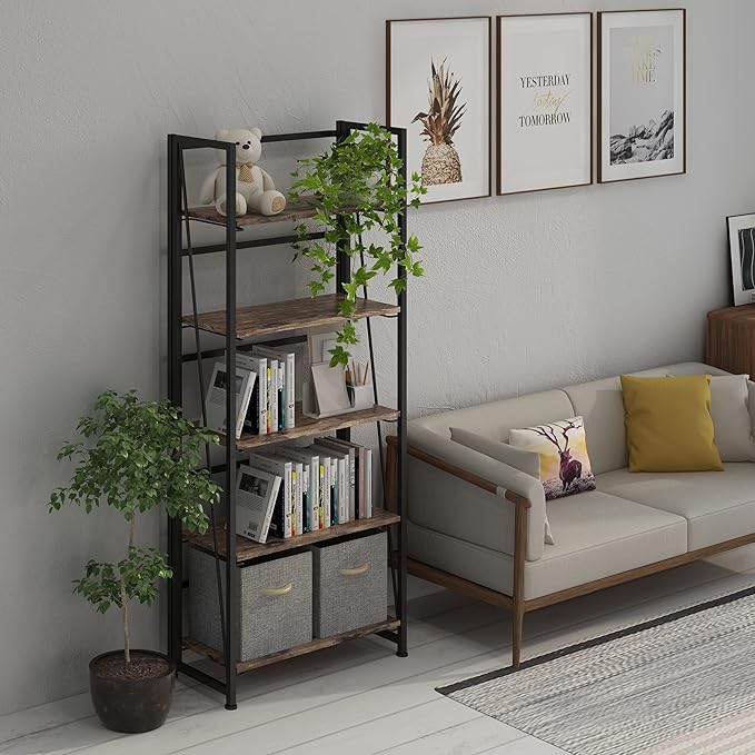 4NM No-Assembly Folding Bookshelf Storage Shelves 5 Tiers Vintage Bookcase Standing Racks Study Organizer Home Office (Rustic Brown and Black) - LeafyLoom