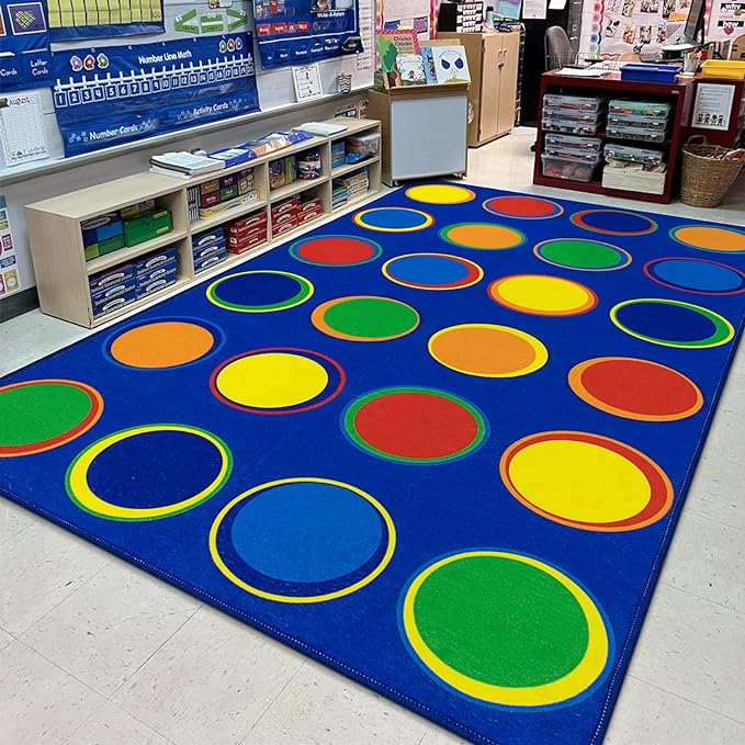 LIVEBOX Sitting Spots Kids Rug for Classroom, Washable School Learning Area Rugs, Colorful Preschool Kids Classroom Carpet Non-Slip Playroom Mat for Daycare Learning,13'x7'5"(Seats-24) - LeafyLoom