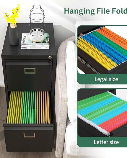2 Drawer File Cabinet,Metal Vertical File Cabinets with Lock for Home Office,Heavy Duty Office Steel Filing Cabinet for Hanging Letters/Legal/A4, Assembly Required (Black) - LeafyLoom