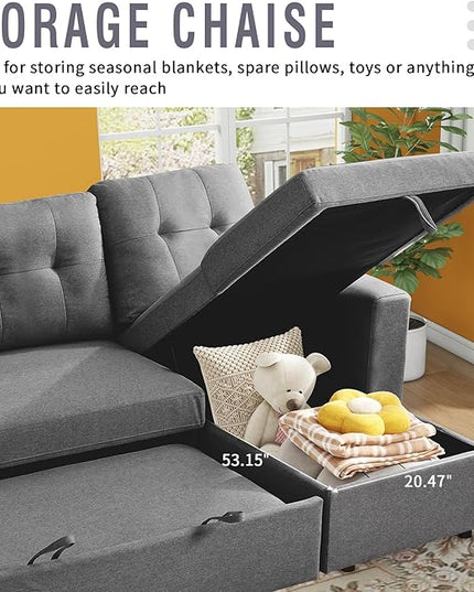 IULULU L Shaped Sectional Sofa, 82 Inch Convertible Sleeper with Pullout Bed, Storage Chaise, Cupholders, 2 in 1 Pull Out Couch for Living Room, Apartment, Charcoal Grey - LeafyLoom