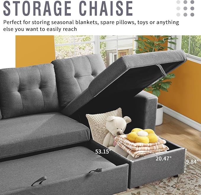 IULULU L Shaped Sectional Sofa, 82 Inch Convertible Sleeper with Pullout Bed, Storage Chaise, Cupholders, 2 in 1 Pull Out Couch for Living Room, Apartment, Charcoal Grey - LeafyLoom