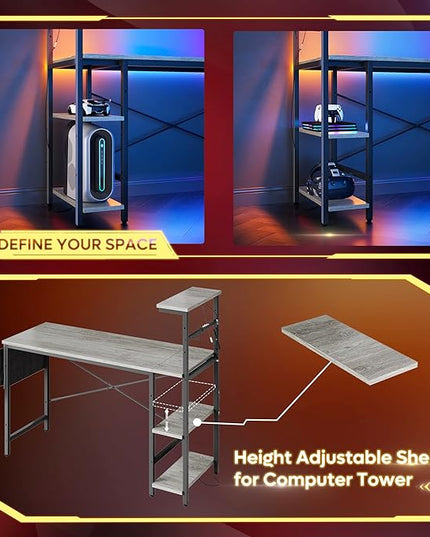 Bestier Gaming Desk with LED Lights, Computer Desk with 4 Tiers Reversible Shelves, 51.3 Inch Home Office Writing Desk with Side Storage Bag, Hooks and Height Adjustable Shelf (Retro Grey Oak) - LeafyLoom